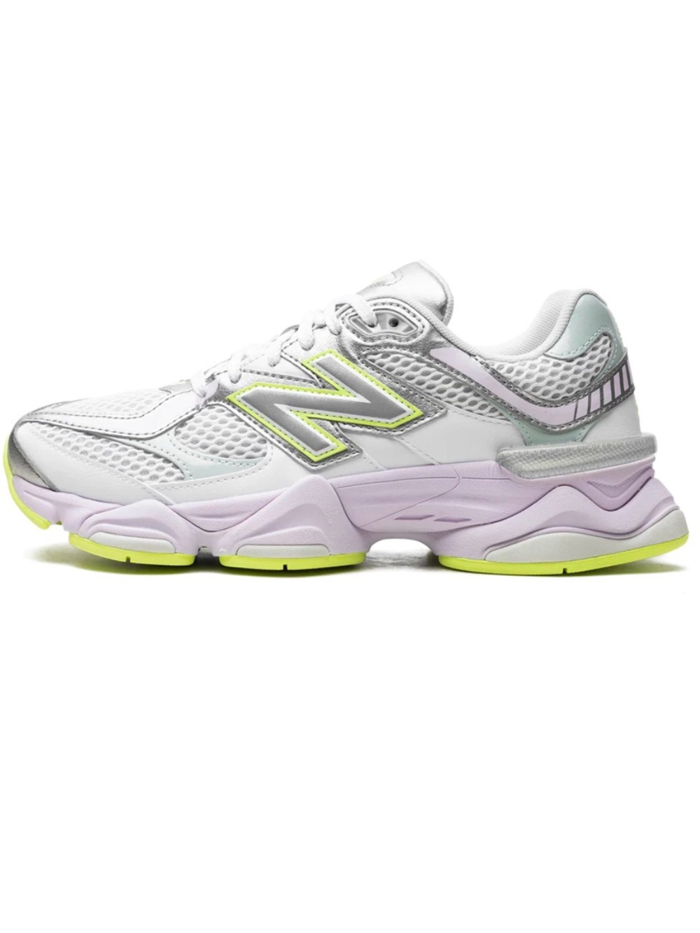 New Balance Women’s White Sneaker with Pastel Lavender & Neon Lime Accents